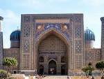 Grand entrance of the Sher-Dor Madrasah in Samarkand, Uzbekistan